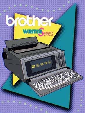 Illustration of Brother word processor c.1993. Screen displays icons. Text reads 
