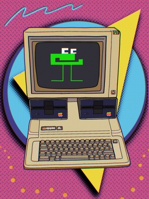 Illustration of Apple IIe computer c.1980s. Screen displays the lead character from Word Munchers game