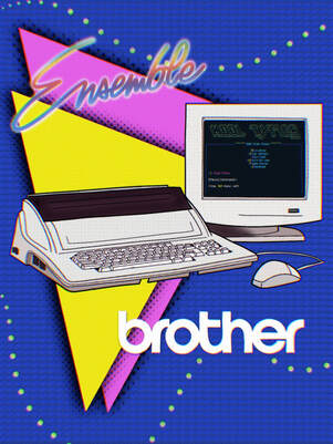 Illustration of Brother Ensemble word processor c.1995. Screen displays generic text from a mock BBS menu.