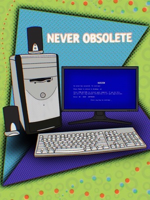 Illustration of eMachines PC tower and flat screen monitor c.2002. Screen displays the Windows Blue Screen of Death. White text on top reads 